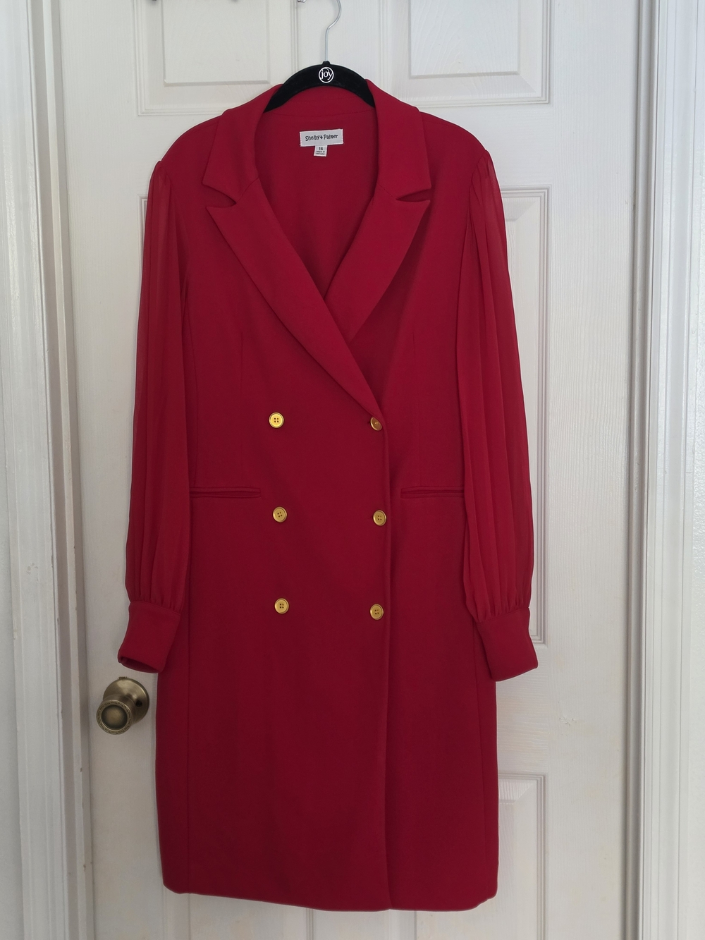 Shelby & Palmer Vibrant Red Double-Breasted Blazer Dress with Gold Buttons